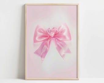 Konsttryck med rosa rosett och hjärta | Skimrande pastellfärgad väggdekoration | Feminin estetisk poster | Söt och elegant rumskonst | Perfekt presentidé