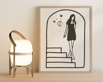 Fine Line Moon Print, Abstract Art, Abstract Prints, Line Drawing, Scandinavian Wall Art, Minimalist Printable Wall Art, Black and White Art