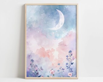 Moon and Flowers Watercolor Print - Dreamy Sky Wall Art - Celestial Pastel Clouds - Fantasy Floral Moon Decor - Ethereal Bedroom Art