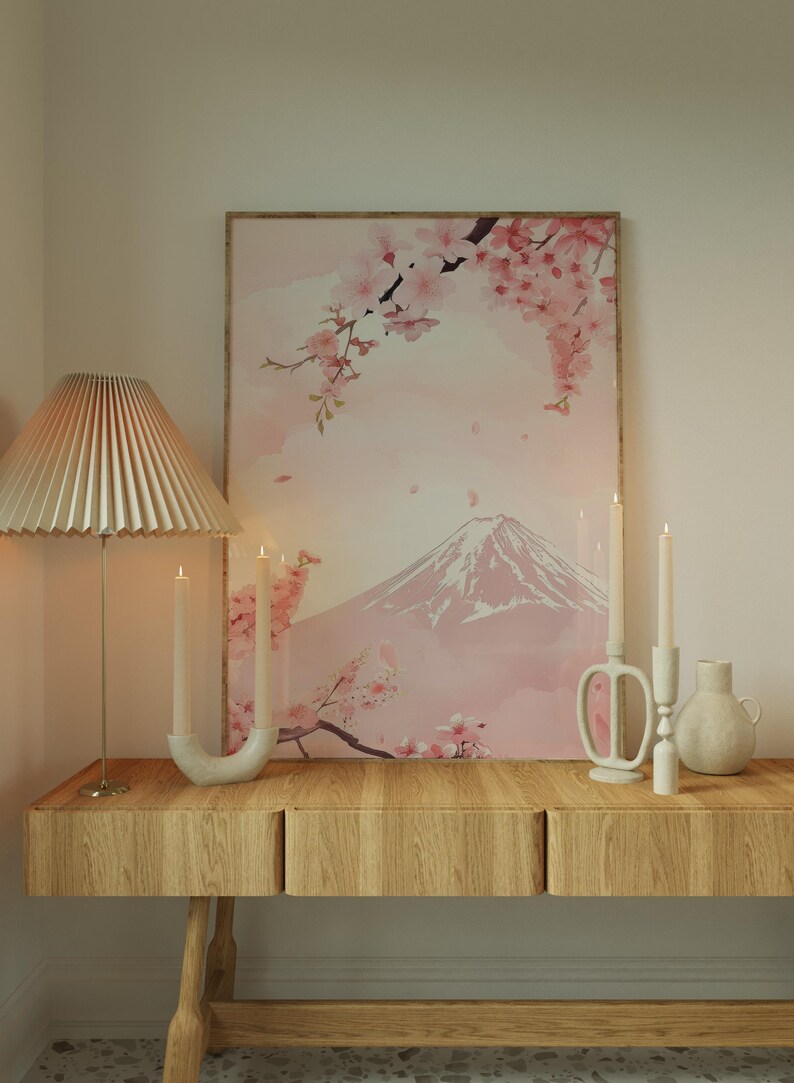 Cherry Blossom Mount Fuji Art Print - Japanese Sakura Wall Art - Pastel ...