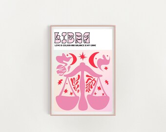 May include: Pink and red Libra zodiac sign print with the text "LIBRA LOVE IS GOLDEN AND BALANCE IS MY GAME".
