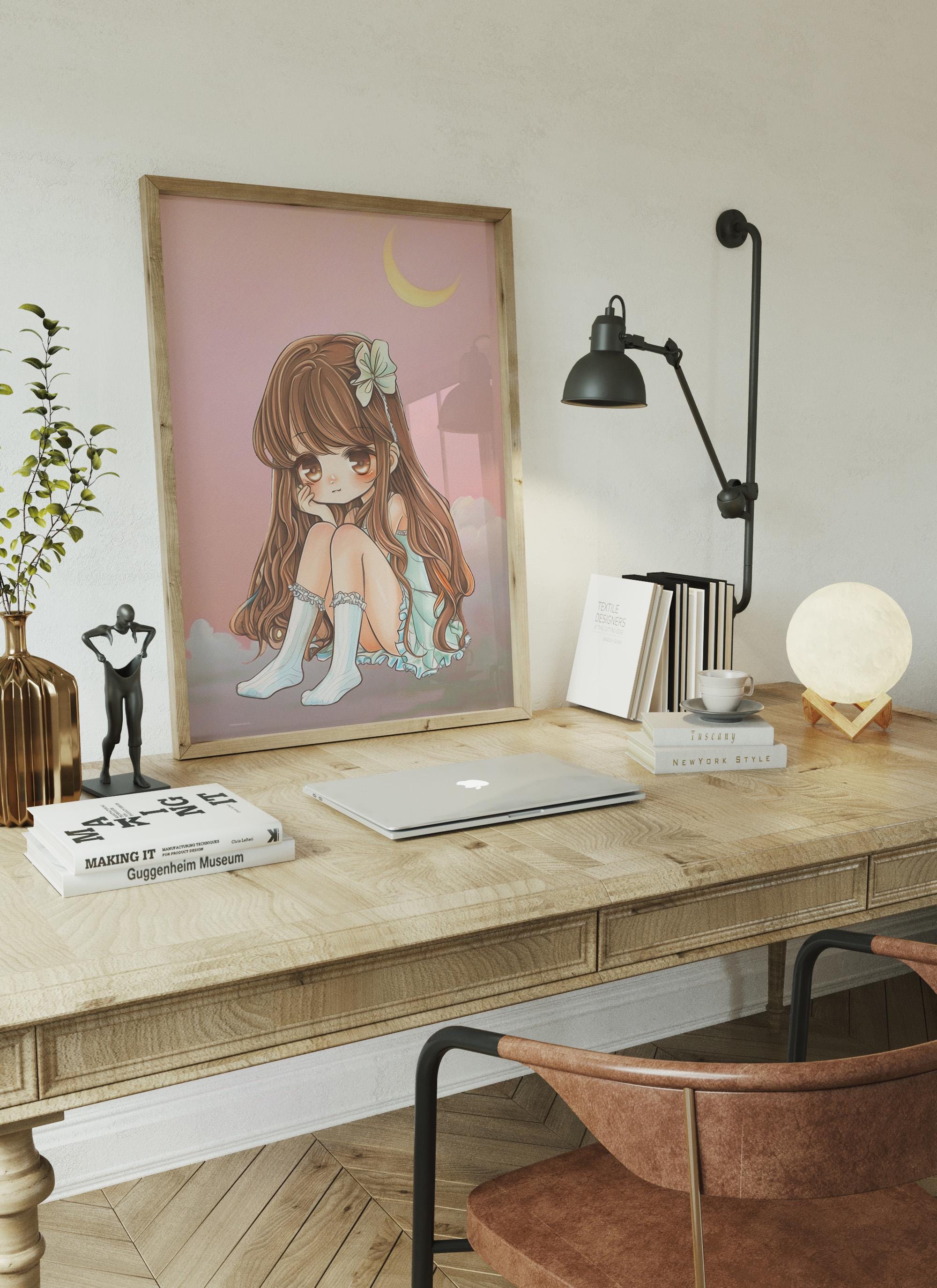 Kawaii Anime Girl Wall Art | Cute Pastel Aesthetic Poster With Crescent ...