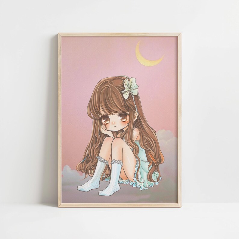 Kawaii Anime Girl Wall Art | Cute Pastel Aesthetic Poster With Crescent ...