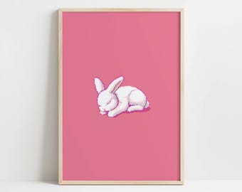 May include: A white rabbit with pink ears is curled up and sleeping on a pink background.