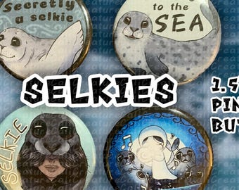 Botones con alfiler de 1,5 pulgadas con diseño de foca selkie (Juego n.° 1)
