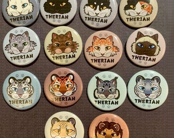 Terianos felinos: Botones con alfiler de 3,8 cm (1,5 pulgadas) inspirados en máscaras de terio.