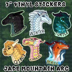Wings of Fire: Jade Mountain Arc Dragon Character Stickers (3" Vinyl Stickers)
