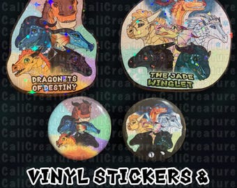 Dragoncillos Alas de Fuego y Ala de Jade: Pegatinas de vinilo de 7,6 cm + Botones de 3,8 cm