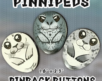 Botones de pinnípedos con forma de foca selkie (botones con cierre de alfiler en forma de huevo de 4,5 x 5,8 cm): cría, leopardo y foca común.