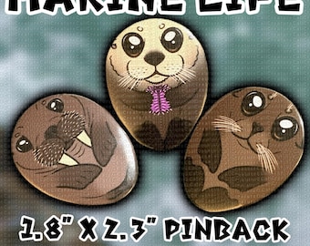 Botones de vida marina (botones con cierre de alfiler en forma de huevo de 4,5 x 5,8 cm): morsa, nutria marina, león marino.