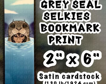 Marcapáginas de cartulina satinada de doble cara con diseño de selkies foca gris (5 x 15 cm), 594 g/m² (130 lb).