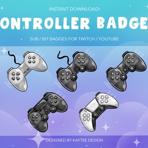 May include: Set of five digital controller badges for Twitch or YouTube. The badges are in black and white and feature a stylized video game controller.
