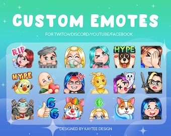 May include: A collection of digital custom emotes for Twitch, Discord, YouTube, and Facebook featuring various cartoon characters, animals, and expressions. The text CUSTOM EMOTES FOR TWITCH/DISCORD/YOUTUBE/FACEBOOK and DESIGNED BY KAYTEE DESIGN is visible.