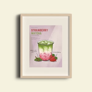 Strawberry Matcha Boba Painting, Printable, Bubble Tea Drink Print, Boba Tea Illustration, Boba Painting, Boba Shop Poster, Digital Download
