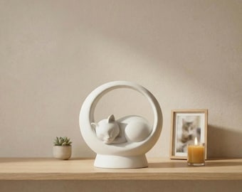 Ceramic Cat Urn, Sleeping Cat Sculpture in Stoneware, 750 ml Capacity