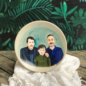 Hand-Painted Portrait Merge Drawing From Multiple Photos on Porcelain Plate, Dad Day Gift, Expecting Mom Gift, Couples Portrait, With Pet image 6