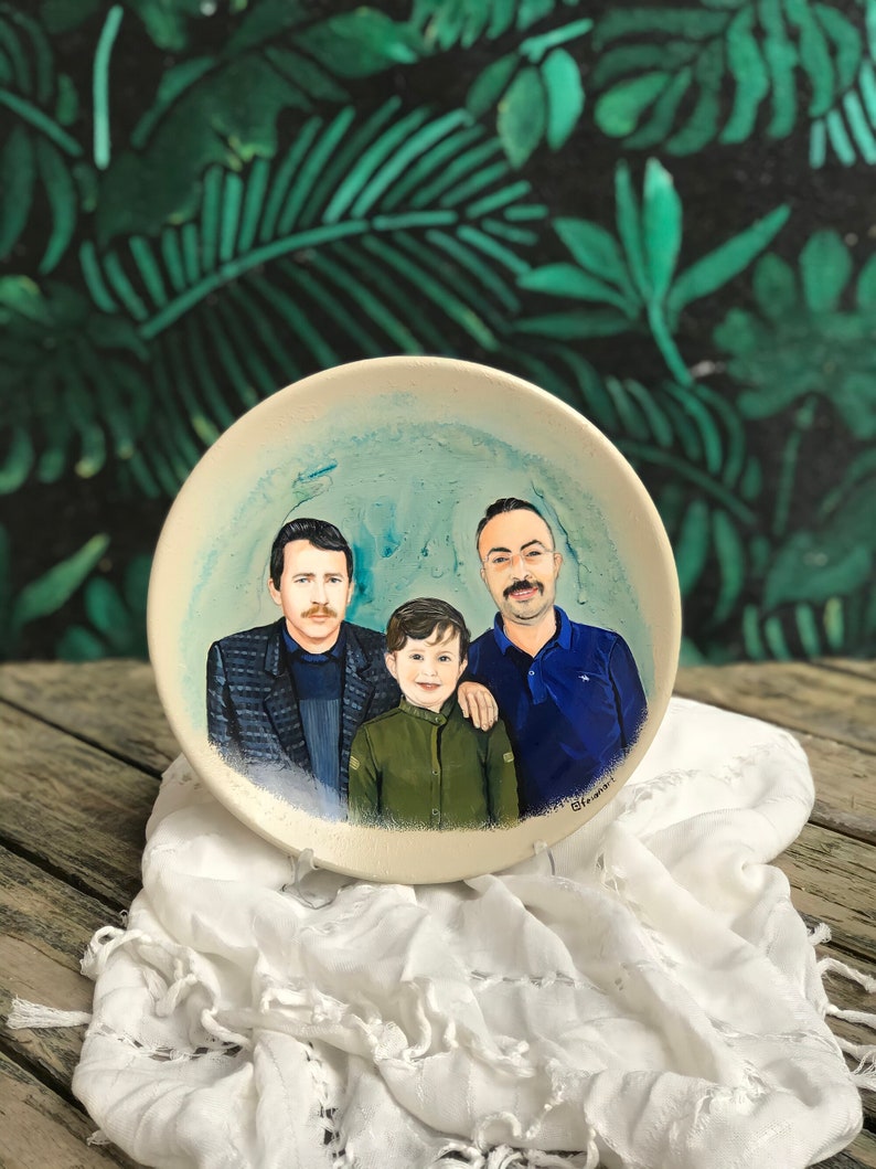 Hand-Painted Portrait Merge Drawing From Multiple Photos on Porcelain Plate, Dad Day Gift, Expecting Mom Gift, Couples Portrait, With Pet image 1