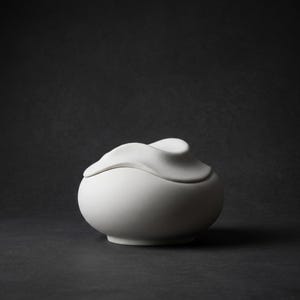 Pode incluir: Um recipiente de cer&acirc;mica branco com tampa. O recipiente &eacute; redondo com uma superf&iacute;cie lisa. A tampa tem uma forma org&acirc;nica &uacute;nica. O fundo &eacute; cinza escuro.