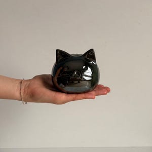 Könnte beinhalten: Ein glänzendes, schwarzes Sparschwein in Form einer Katze. Die Spardose hat einen runden Körper mit spitzen Ohren und einen Schlitz oben zum Einwerfen von Münzen. Die Oberfläche reflektiert das Licht. Die Katze wird in einer Hand gehalten.