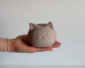 Personalized Gray Ceramic Cat Urn for Ashes, Small Pet Memorial Keepsake