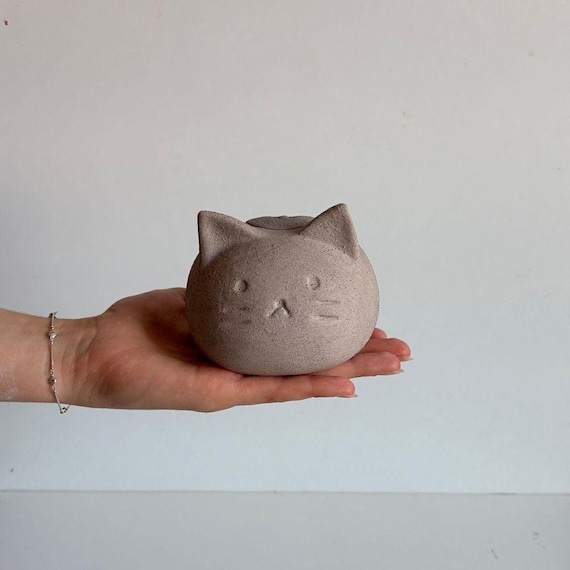 Personalized Gray Ceramic Cat Urn for Ashes, Small Pet Memorial Keepsake