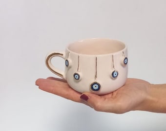 Handmade Ceramic Mug With Evil Eye Charms, 24k Gold Details
