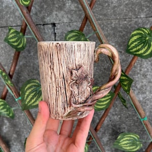 Rustic Handmade Mug, Hand Sculpted Ceramic Cup with Vine Handle