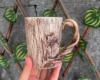 Rustic Handmade Mug, Hand Sculpted Ceramic Cup with Vine Handle