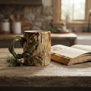 Rustic Handmade Mug, High-Fired Ceramic Coffee Cup with Tree Trunk Design