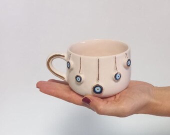 24k Gold Evil Eye Kaffeetasse, handgemachte Keramik Teetasse, Glück Schutz Geschenk Tassen