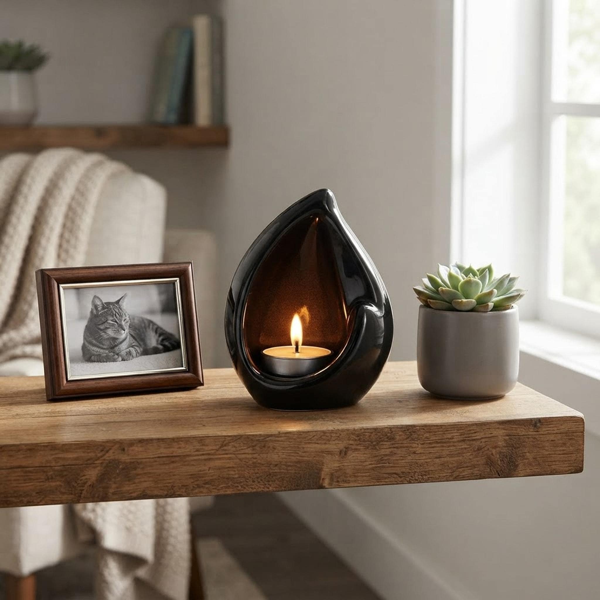 Black Ceramic Cat Urn for Ashes with Memorial Candle Space