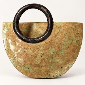 Ceramic Wall Planter, Tan and Ochre Handbag Pocket with Black Handle