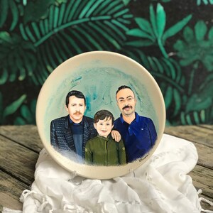 Hand-Painted Portrait Merge Drawing From Multiple Photos on Porcelain Plate, Dad Day Gift, Expecting Mom Gift, Couples Portrait, With Pet image 8