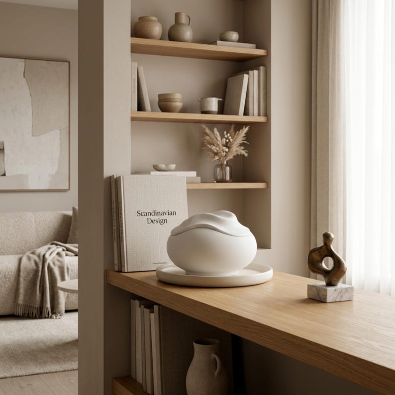 Pode incluir: Cena interior em tons neutros com uma prateleira de madeira exibindo objetos decorativos. Uma tigela de cer&acirc;mica branca com tampa est&aacute; em um prato redondo. Um livro com o texto "Scandinavian Design" &eacute; vis&iacute;vel. Outros itens incluem vasos, livros e uma pequena escultura.