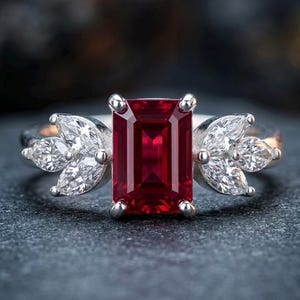 Emerald Cut Ruby Ring with Leaf Zarkan, 925 Sterling Silver Ring, Jewelry For Women Birthday Gift, Gift for Wife Gift for Mother