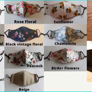 May include: A collection of 10 different fabric face masks with various patterns, including floral, striped, and solid colors. The masks are all made with a double layer of fabric and have adjustable ear loops. There are also two images of a clear plastic face mask spacer.