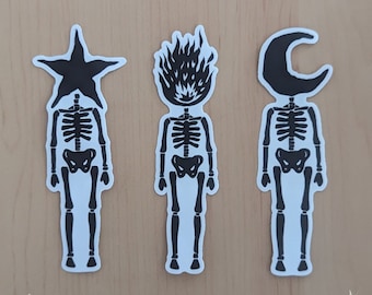 Skeleton Vinyl Stickers - Star, Flaming, Moon - Skull, Spooky Sticker, Halloween Sticker, Celestial, Craft, Scrapbook, Collage, Altered Art