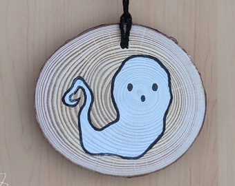 Linoryt z duchem na kawałku drewna, koło 3,5-4" - sztuka drukowana w bloku, sztuka z duchami, ozdoba, upiorny sezon, Halloween, sztuka świąteczna, dekoracja ścienna