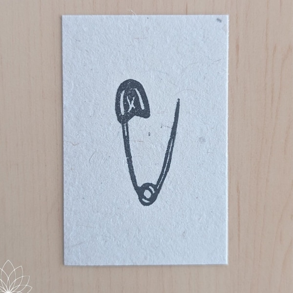 Safety Pin Linocut on Lokta Paper, 2"x3"- Blockprint Art, Sewing, Fashion, Alternative, Weapon, Emo, Goth, Punk, Shelf Frame, Mini Print