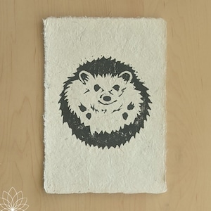 Hedgehog Linocut on Lokta Paper, 5&quot;x7&quot; - Blockprint Art, Animal, Nature Lover Gift, Shelf Frame, Wall Frame, Woodland Creature, Pet Lover