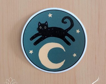 Cat Jumping Over The Moon Vinyl Sticker - Craft Supplies, Scrapbook, Collage, Altered Art, Smash Books, Kitty, Celestial, Stars, Feline