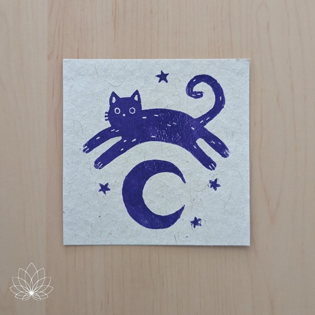 Cat Jumping Over the Moon Linocut on Lokta Paper, 4