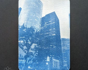 State Street cyanotype print op, 4,1"x5,9" katoenen ansichtkaarten - fotoprints, UV-print, Sun Print, Blue Print, Staten Island, NY, Frame