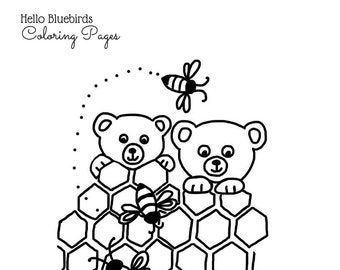 Bees and Bears Original Coloring Page (PDF Download) by Jacqueline Bance of Hello Bluebirds | Instant Download