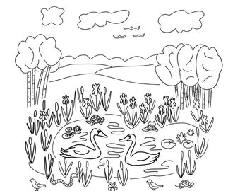 Peaceful Pond Original Coloring Page (PDF Download) by Jacqueline Bance of Hello Bluebirds | Instant Download