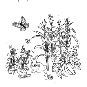 May include: Black and white line art coloring page titled "Hello Bluebirds Coloring Pages." The illustration features a butterfly, bees, corn stalks, a rabbit, a caterpillar, a snail, and a pumpkin. The image is suitable for children's activities.