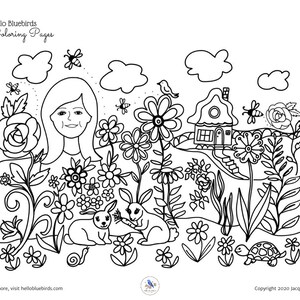 May include: Black and white line art coloring page featuring a woman with flowers, a house, bunnies, and a turtle. The text "Hello Bluebirds Coloring Pages" is at the top of the page.