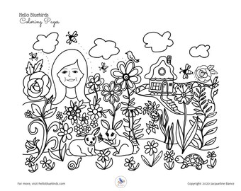 The Quaint Cottage Original Coloring Page (PDF Download) by Jacqueline Bance of Hello Bluebirds | Instant Download