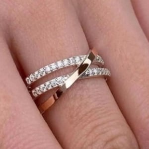 Round Moissanite Criss Cross Ring, WrapaRound Ring, Swirl X Band, Minimalist X Ring, Cross Over Two Tone Ring, Three Layer Stackable Ring