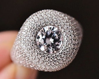 Micro Pave Set Flower Diamond Ring Whte & Round Cut CZ Diamond Ring Trendy Floral Ring For Wedding,Handmade Party Wear Ring Cocktail Ring